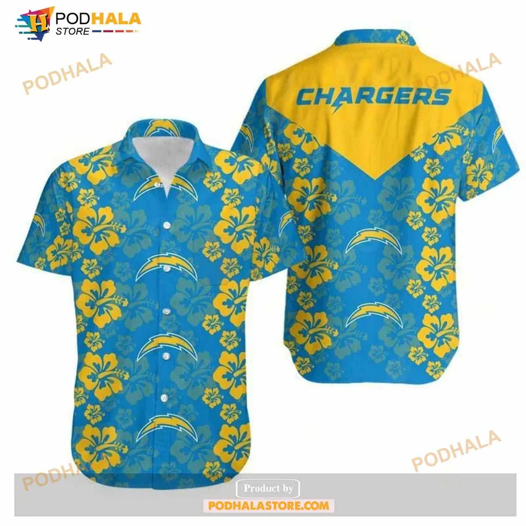 Los Angeles Chargers Hawaiian Shirt With Tropical Hibiscus Flowers