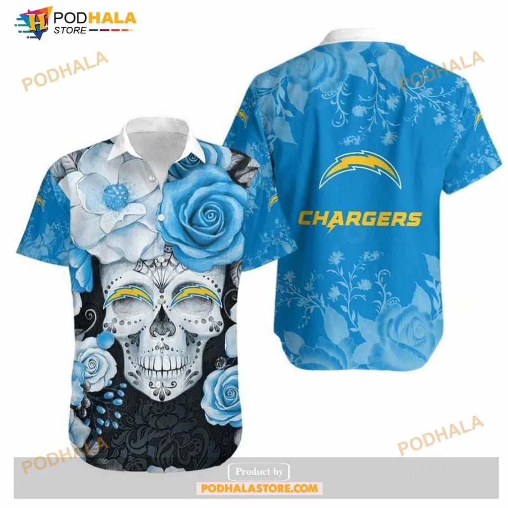 Los Angeles Chargers Skull Hawaiian Shirt With Blue Roses Design