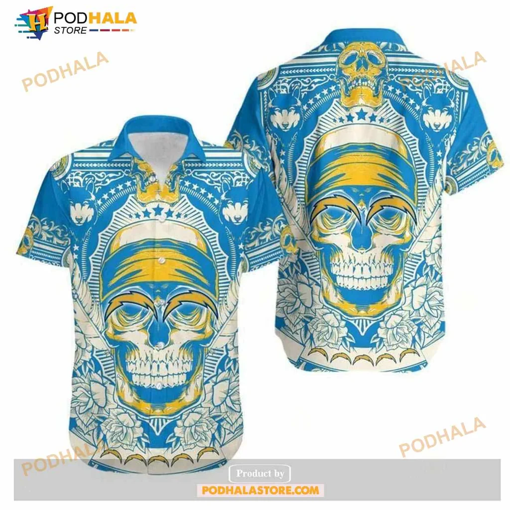 Los Angeles Chargers Skull Hawaiian Shirt With Floral Design