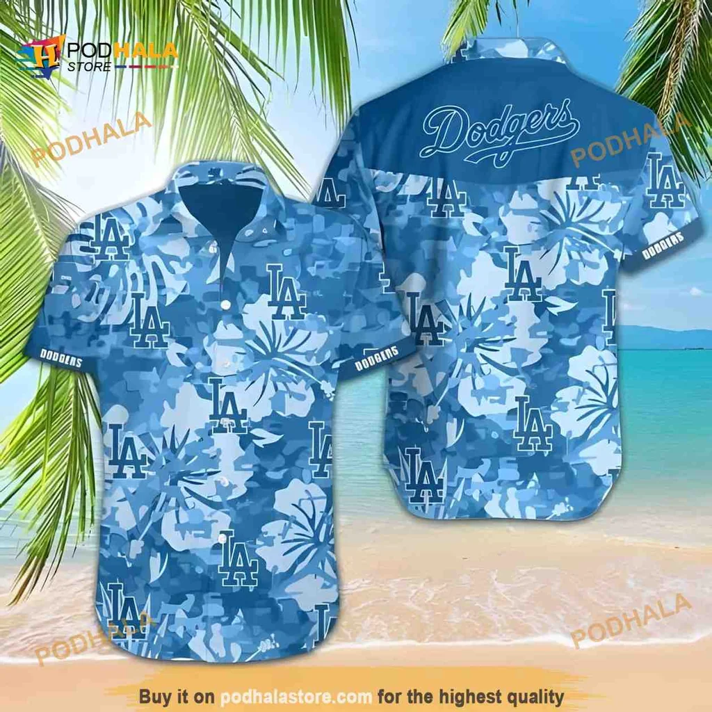 Los Angeles Dodgers Hawaiian Shirt With Blue Camouflage And Palm Leaves