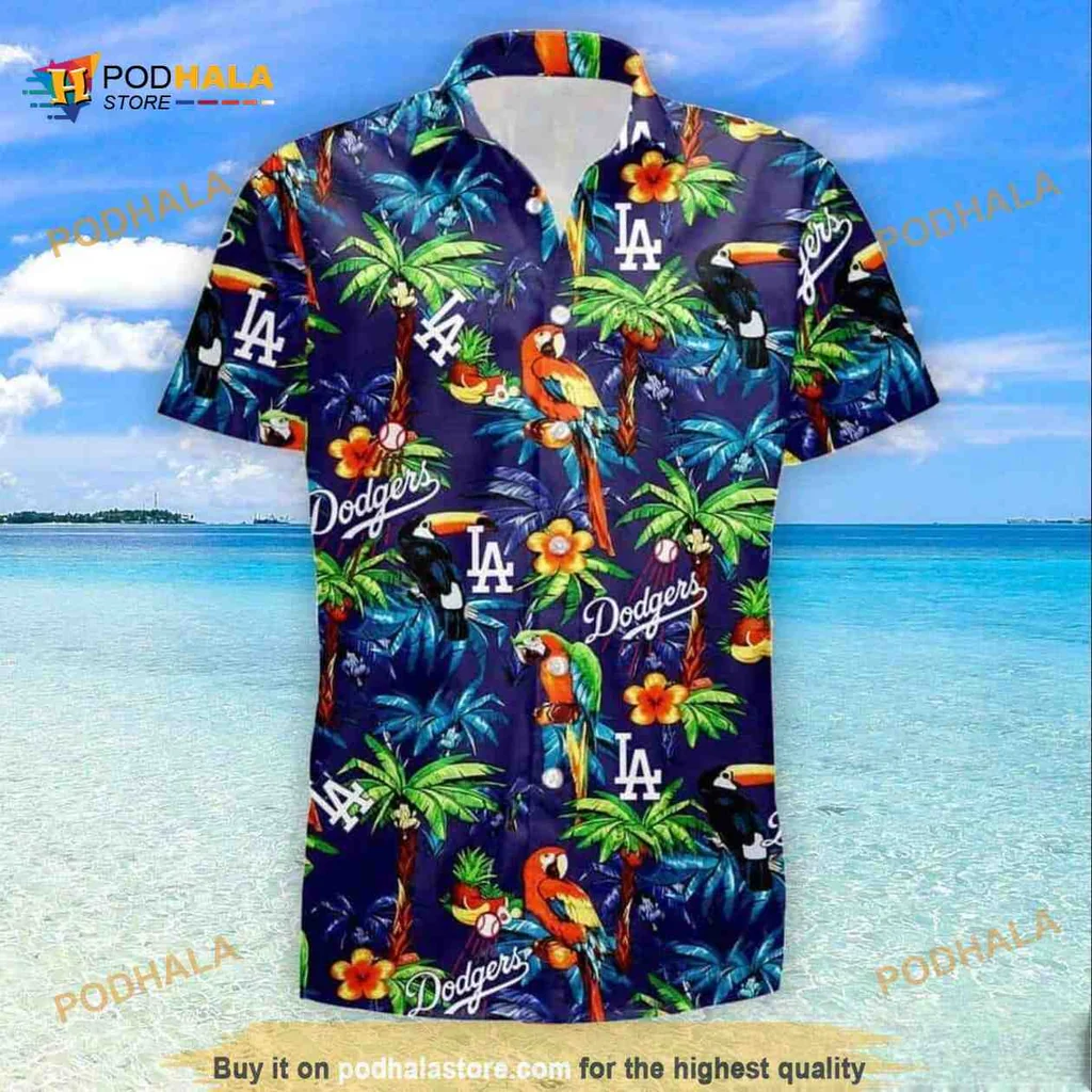 Los Angeles Dodgers Hawaiian Shirt With Colorful Parrots And Hibiscus Flowers