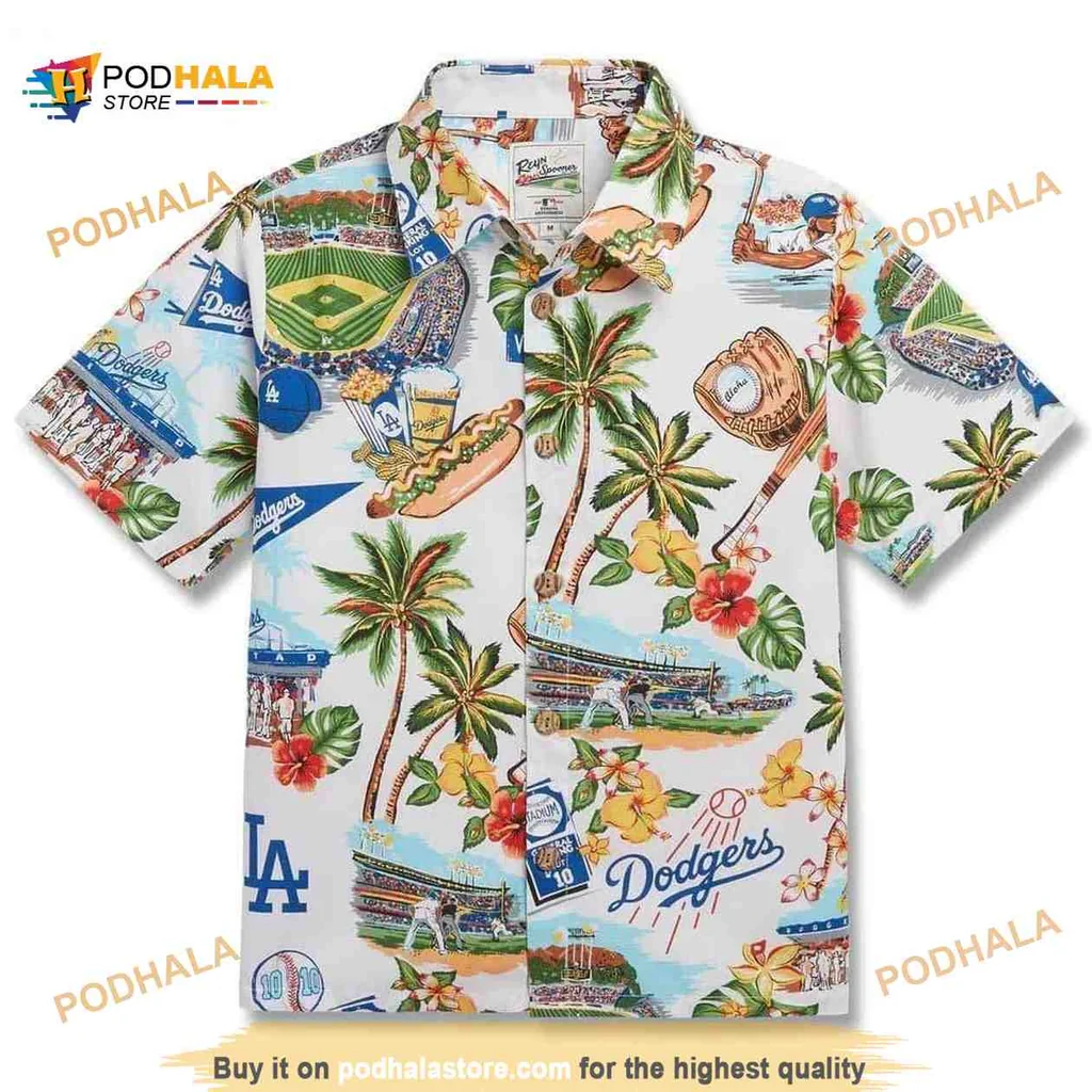 Los Angeles Dodgers Hawaiian Shirt With Tropical Design And Beach Scene