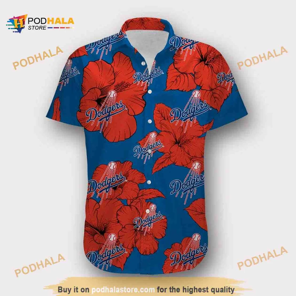 Los Angeles Dodgers Hibiscus Hawaiian Shirt With Red Flowers