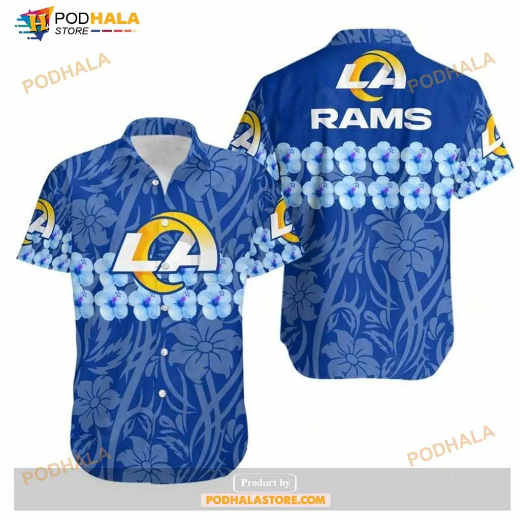 Los Angeles Rams Floral Hawaiian Shirt With Vibrant Blue Background