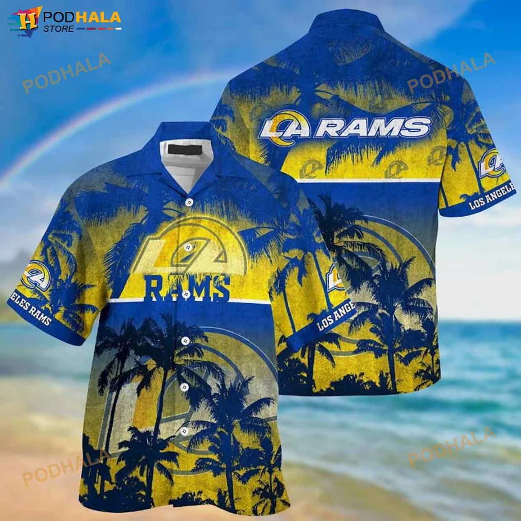 Los Angeles Rams Hawaiian Shirt With Palm Trees And Sunset Design