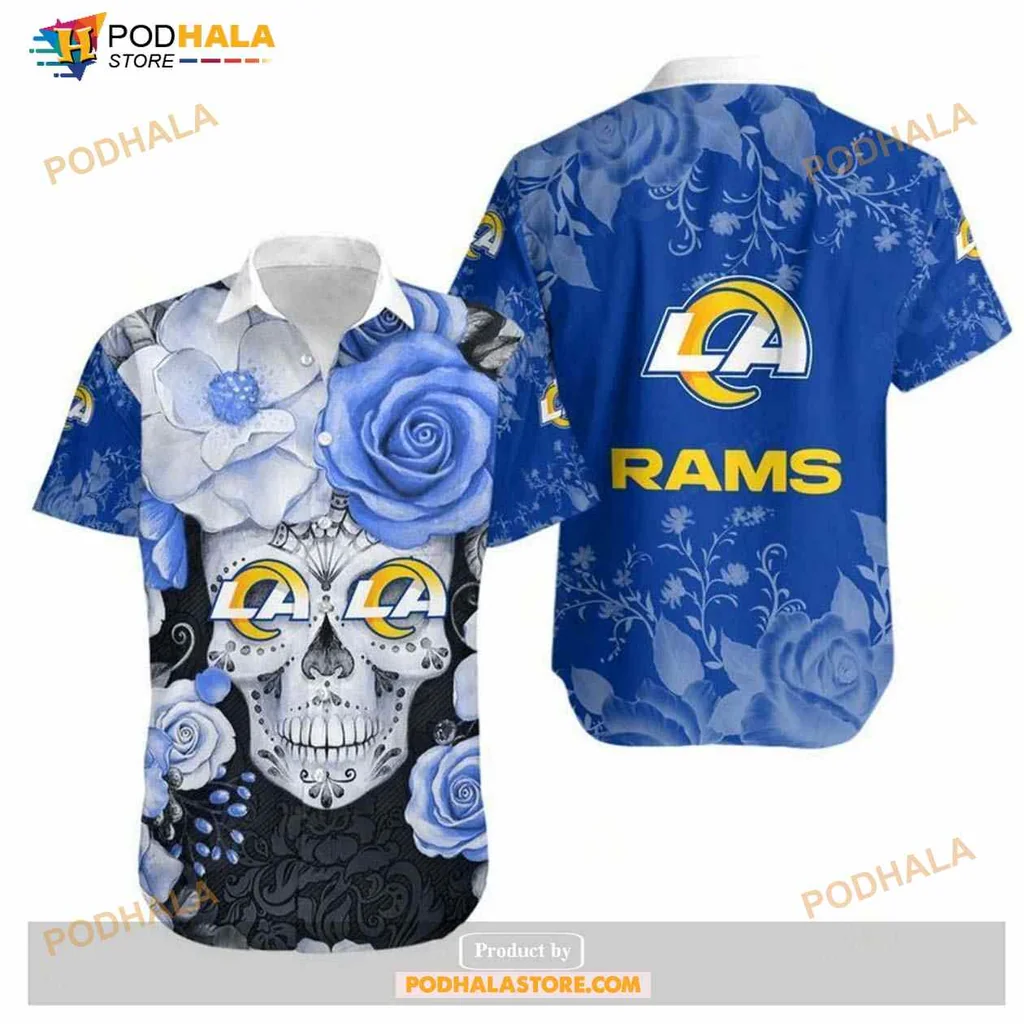 Los Angeles Rams Skull Hawaiian Shirt With Blue Roses And La Logo