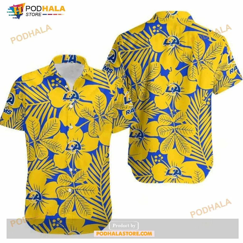 Los Angeles Rams Tropical Aloha Shirt With Bright Yellow Background And Flowers