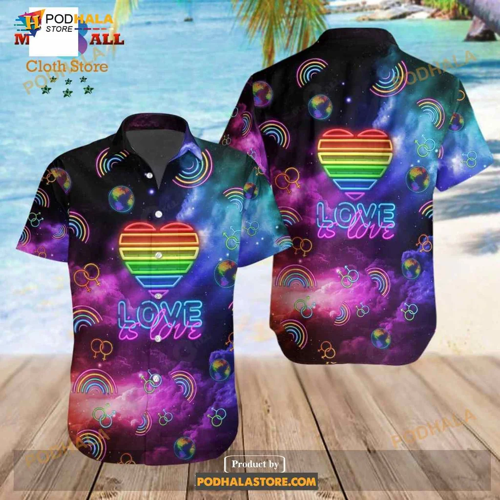 Love Is Love Rainbow Aloha Shirt With Cosmic Heart Design