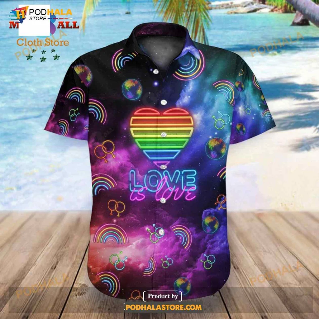 Love Is Love Rainbow Tropical Shirt With Cosmic Heart Design Love Is Love Rainbow Tropical Shirt With Cosmic Heart Design