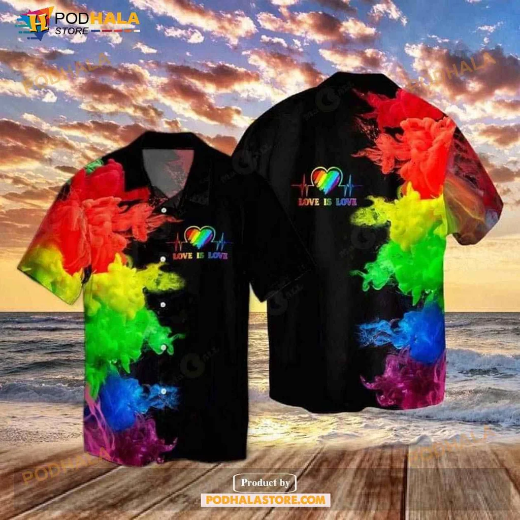 Love Is Love Rainbow Aloha Shirt With Heartbeat Design