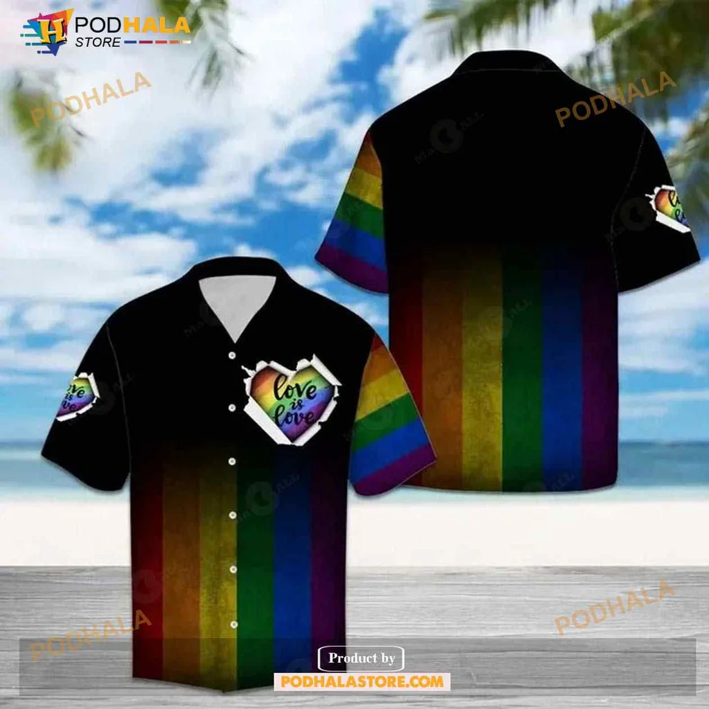 Love Is Love Rainbow Hawaiian Shirt With Heart Graphic