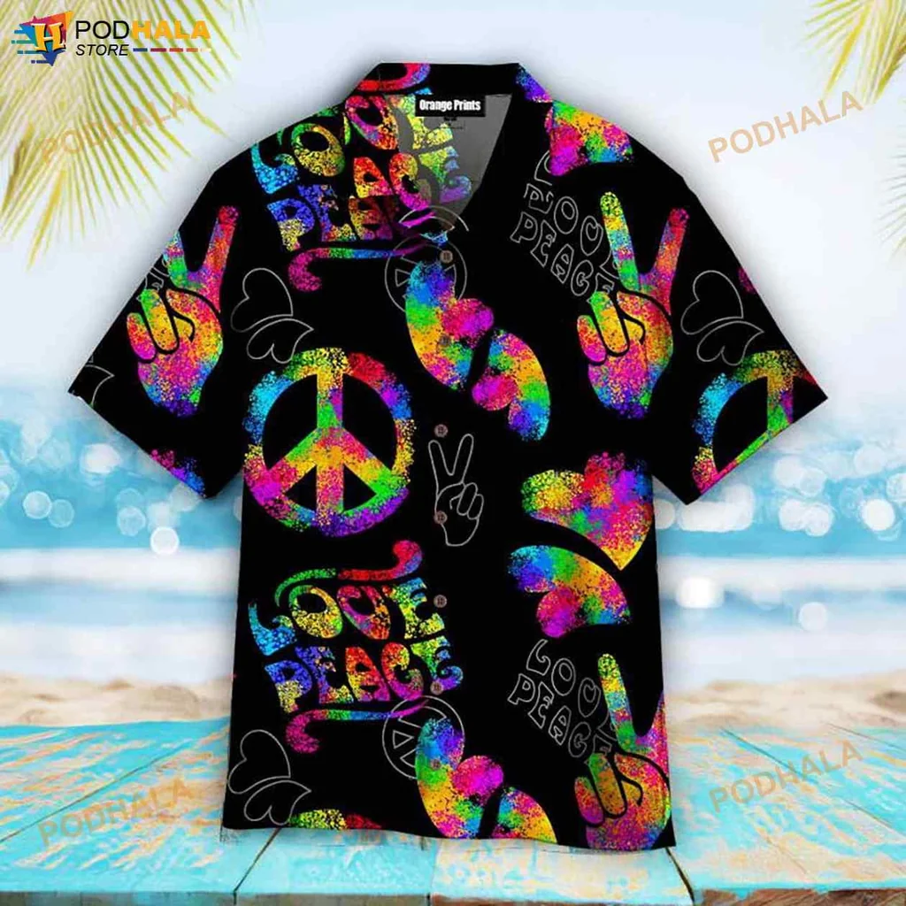 Love Peace Hippie Hawaiian Shirt With Colorful Psychedelic Design
