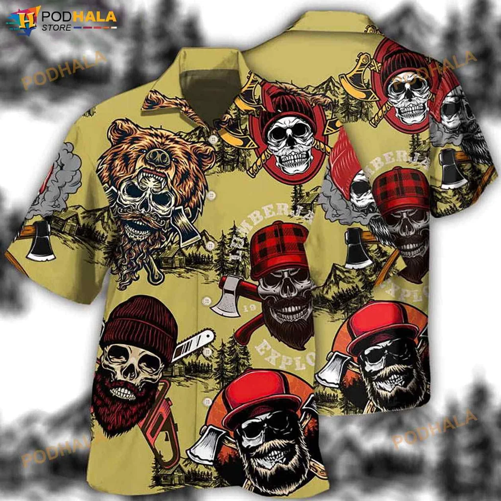 Lumberjack Skull Funny Hawaiian Shirt With Axes And Trees