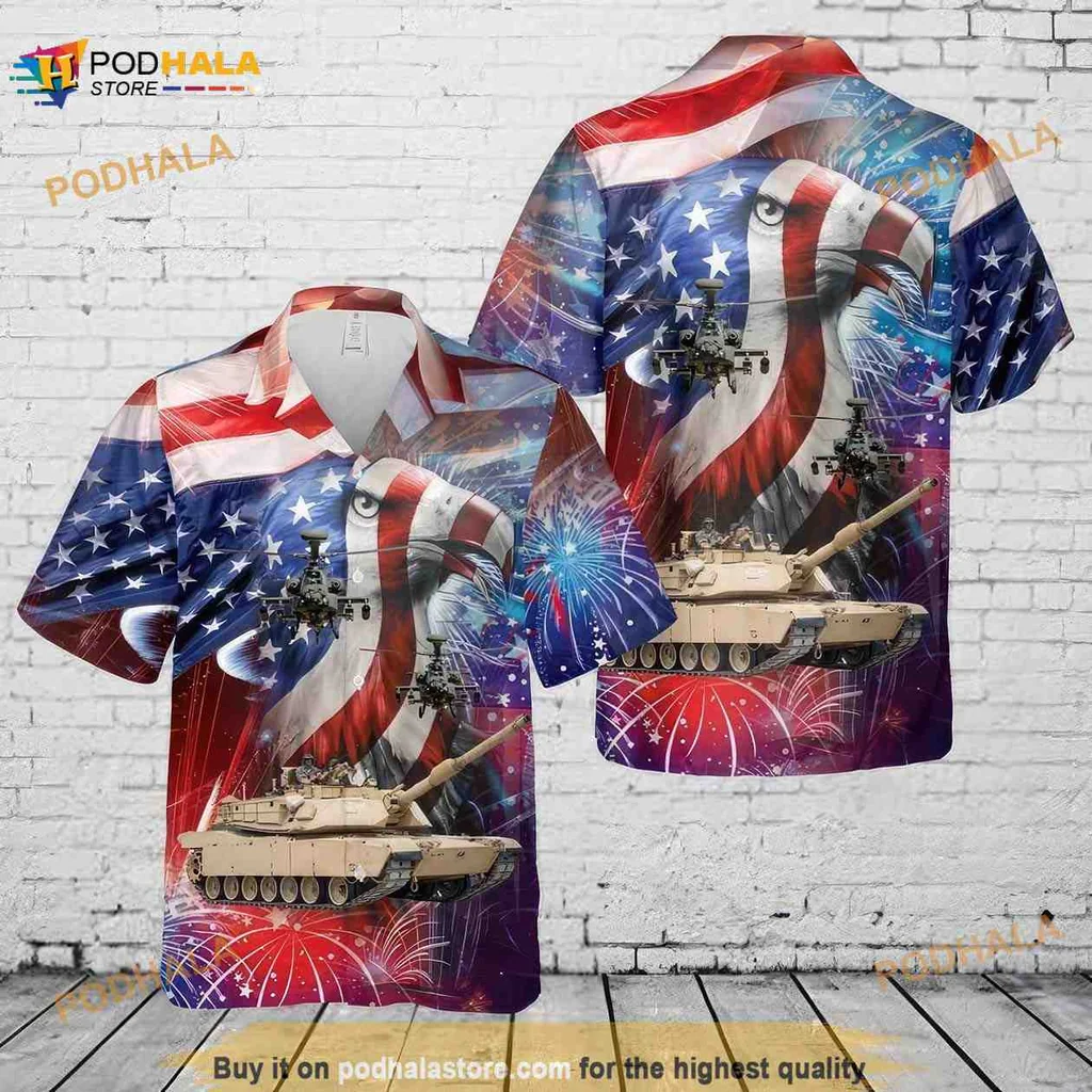 M1 Abrams Tank Hawaiian Shirt With American Flag And Eagle Design