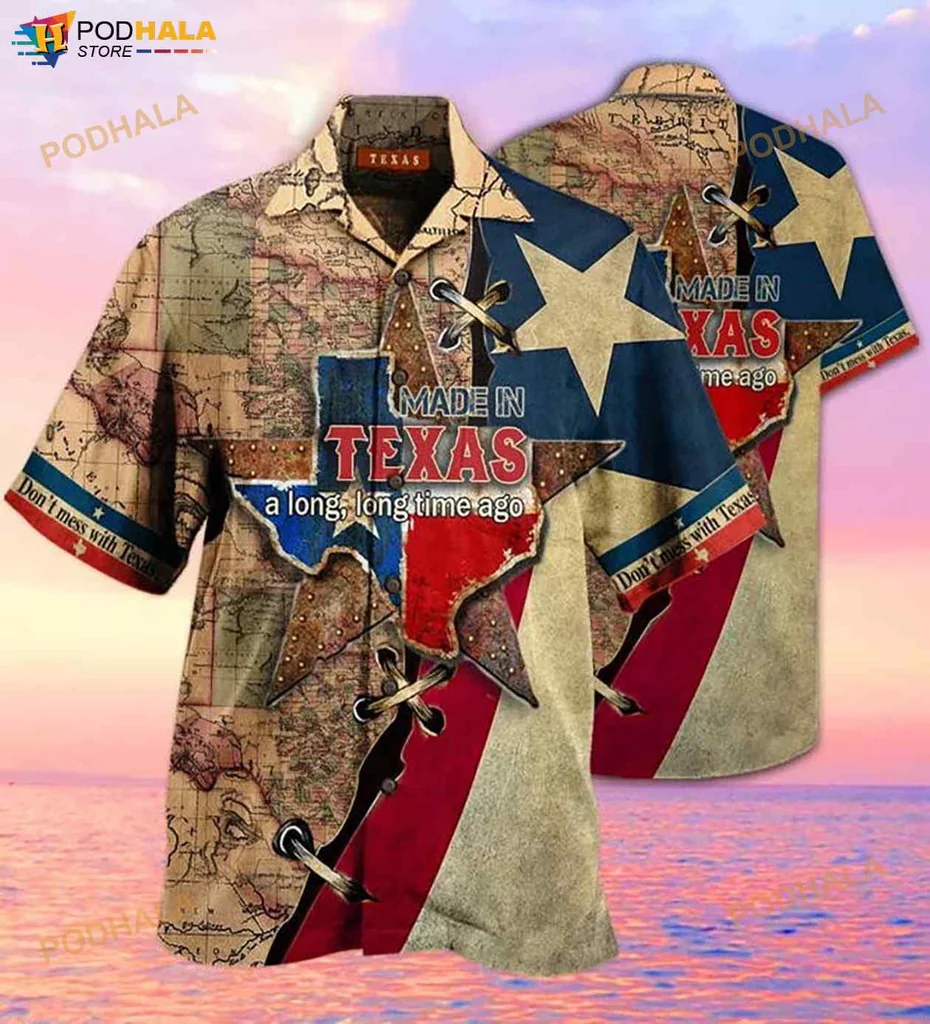 Made In Texas Hawaiian Shirt With Vintage Map And Rustic Star Design