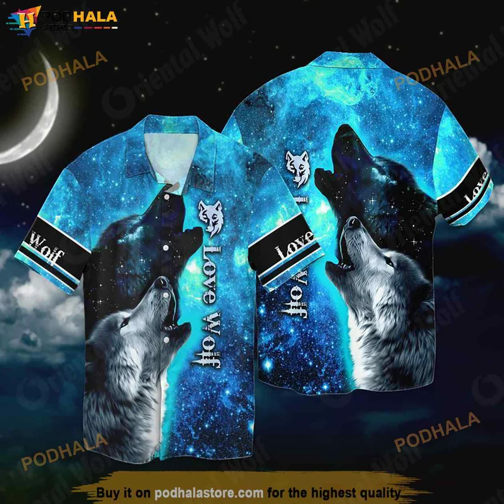 Majestic Wolf Cosmic Hawaiian Shirt, Funny Black And White Nature Design