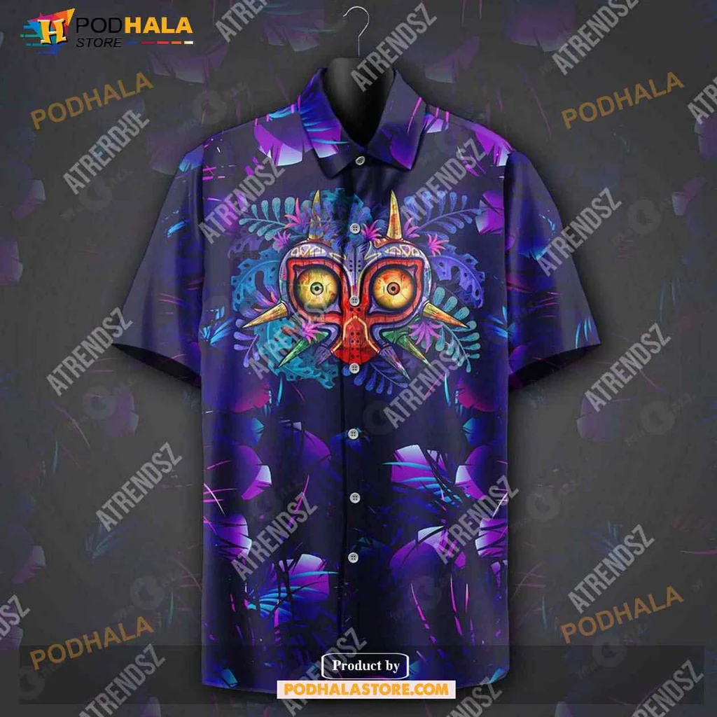 Majoras Mask Hawaiian Shirt With Tropical Foliage In Dark Blue And Purple