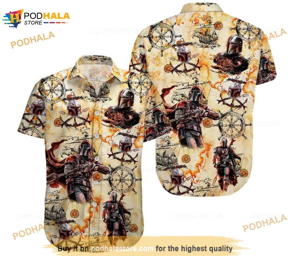 Mandalorian Pirate Hawaiian Shirt Featuring Iconic Bounty Hunter Design