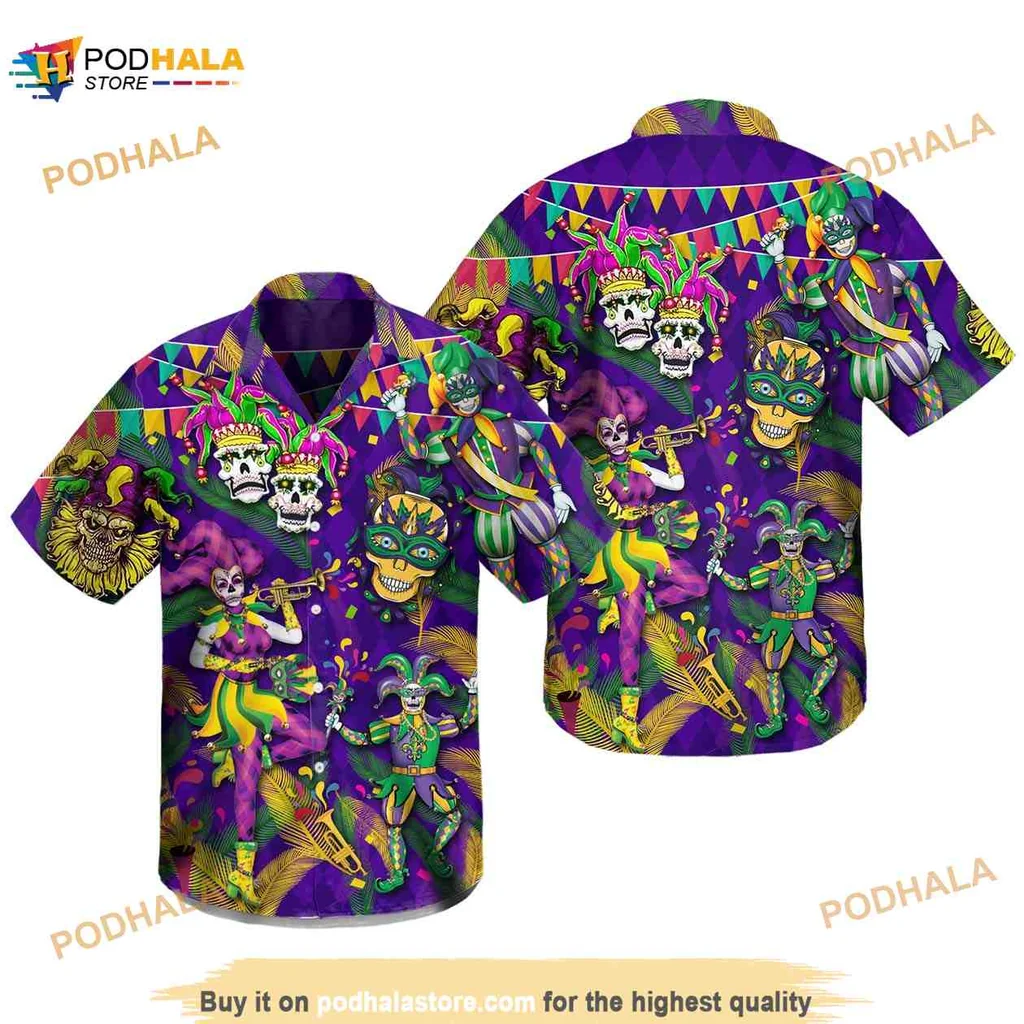 Mardi Gras Clown Skull Hawaiian Shirt With Colorful Festive Design