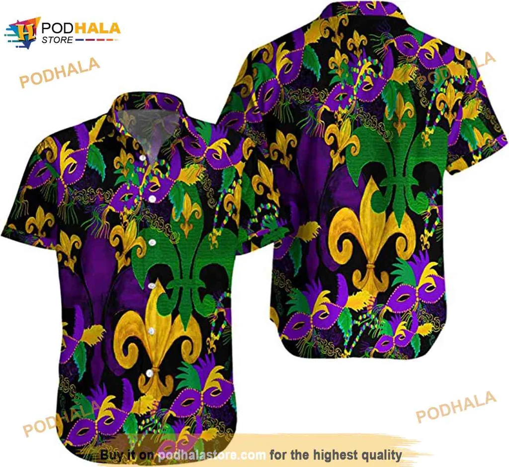 Mardi Gras Fleur De Lis Aloha Shirt, Colorful New Orleans Festival Design