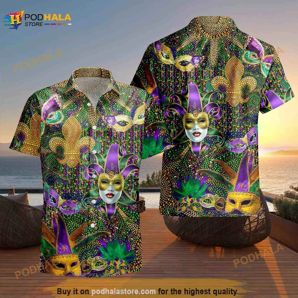 Mardi Gras Mask Hawaiian Shirt With Colorful Beads And Festive Design