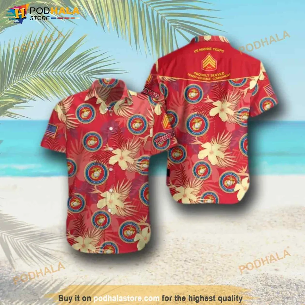 Marine Corps Hawaiian Shirt With Vibrant Hibiscus And Military Emblems