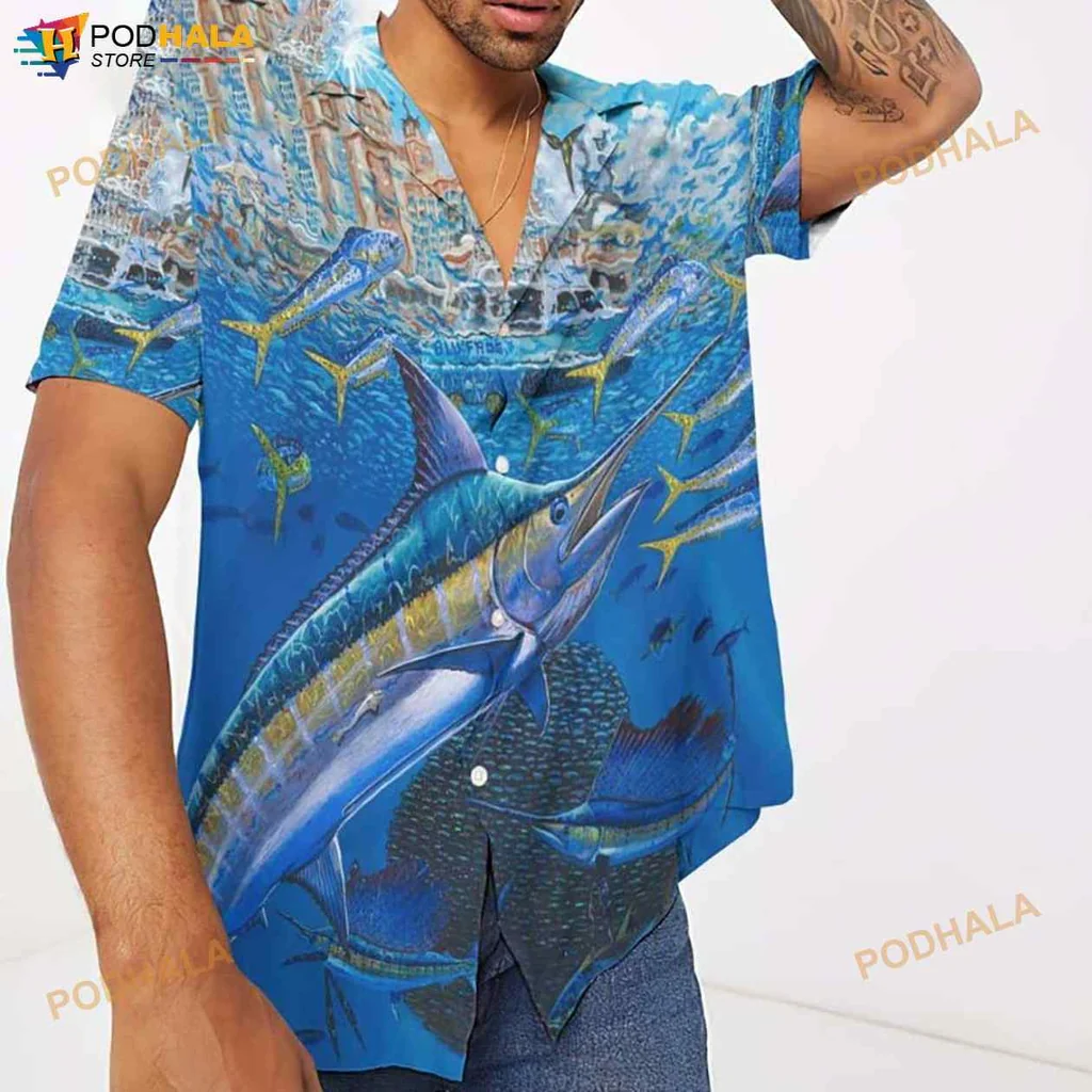 Marlin Fish Hawaiian Shirt In Vibrant Blue Water Design