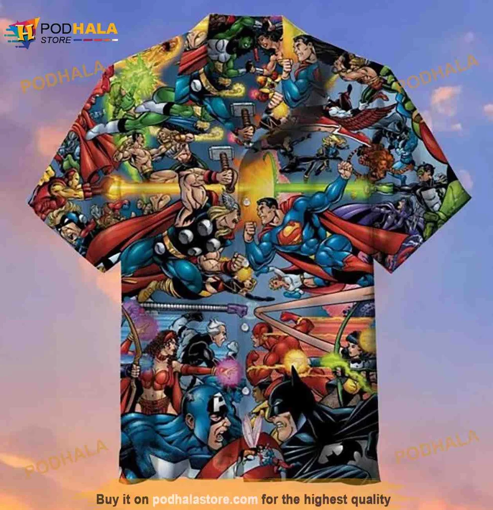Marvel Dc Superhero Hawaiian Shirt With Vibrant Action Scenes