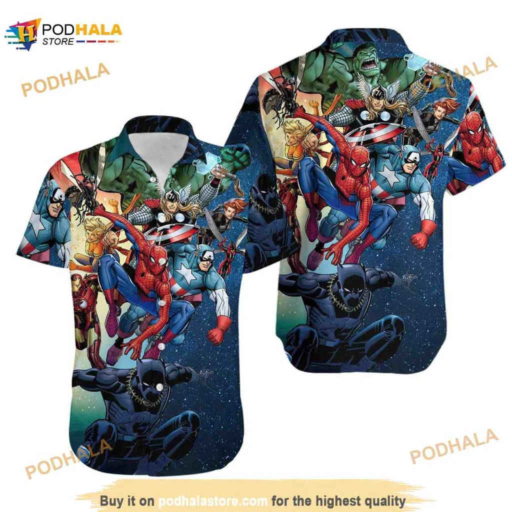 Marvel Superhero Hawaiian Shirt Featuring Spider Man And Hulk