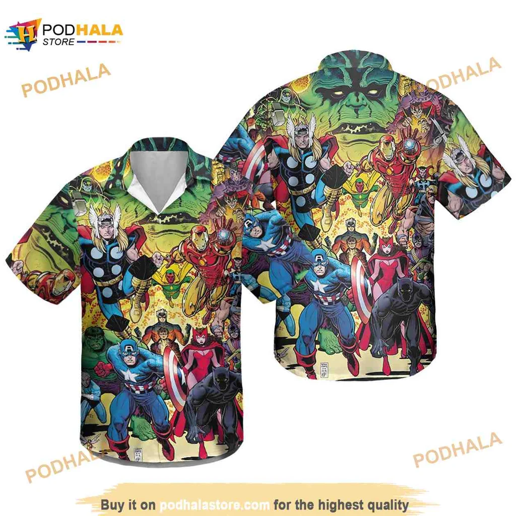 Marvel Superhero Hawaiian Shirt Featuring Thor, Iron Man, And Captain America