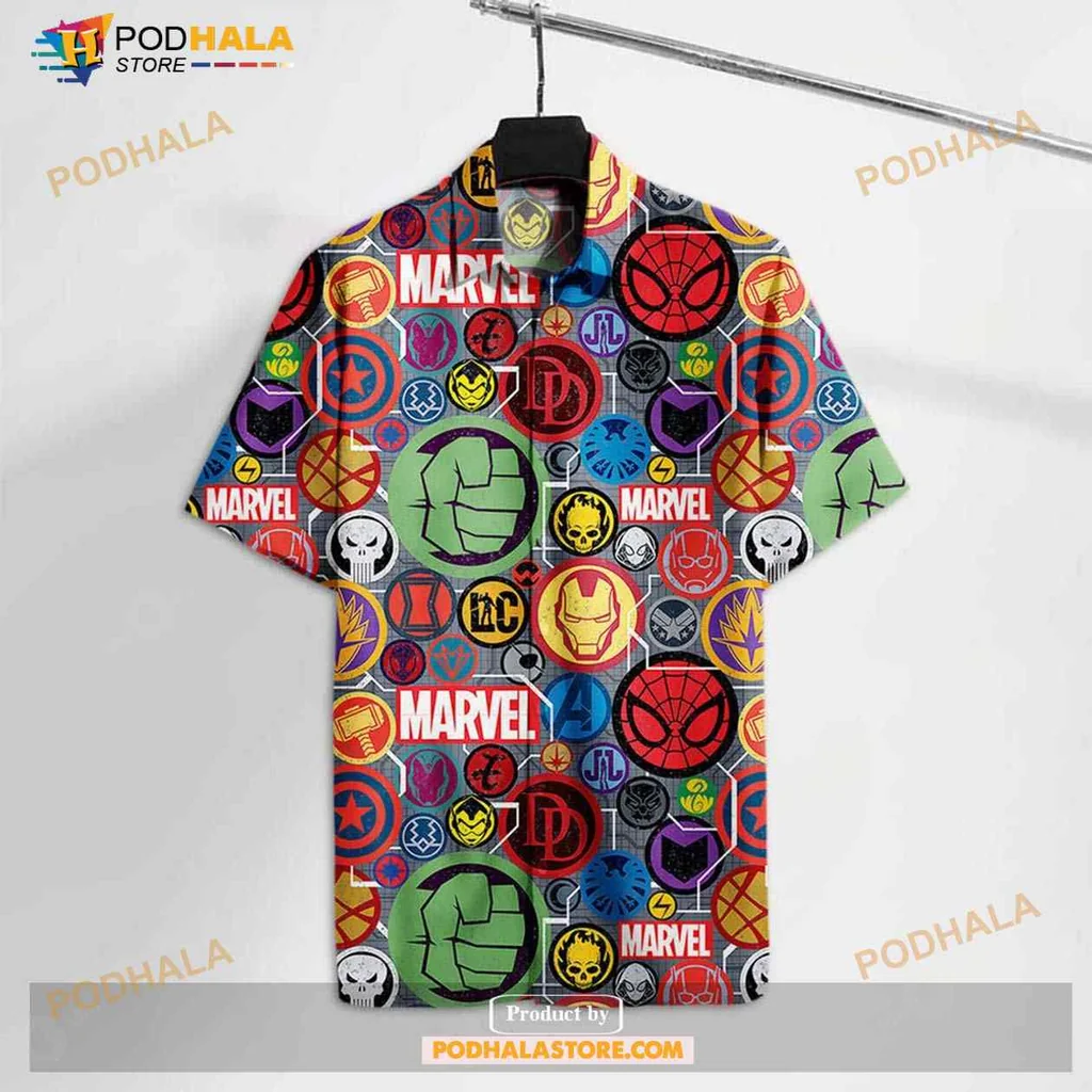 Marvel Superhero Symbols Hawaiian Shirt Featuring Spider Man, Iron Man, And Hulk