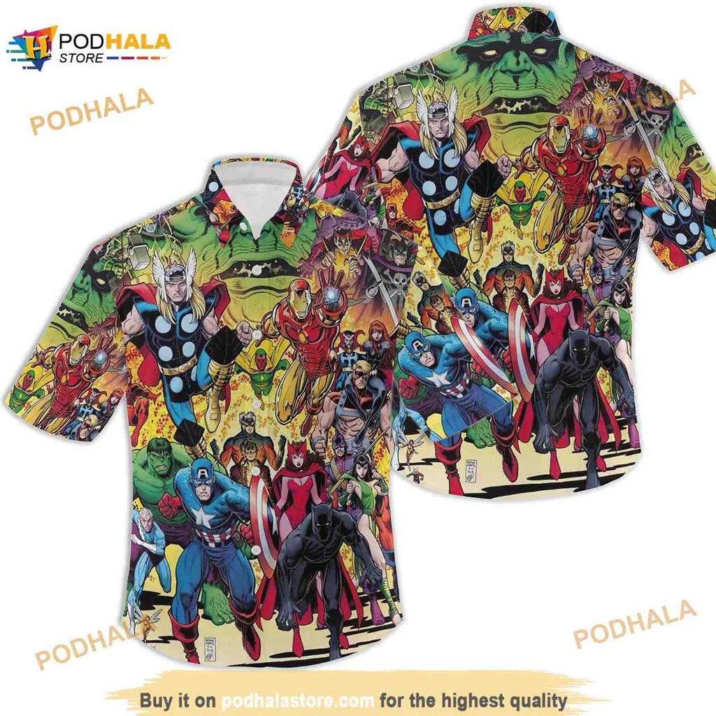 Marvel Superheroes Hawaiian Shirt Featuring Thor Iron Man And Hulk