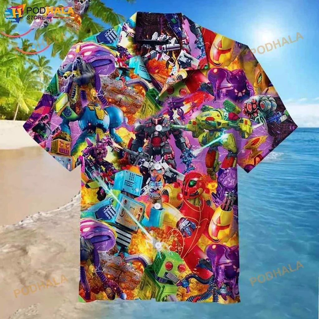 Mecha Robot Print Hawaiian Shirt With Colorful Futuristic Design