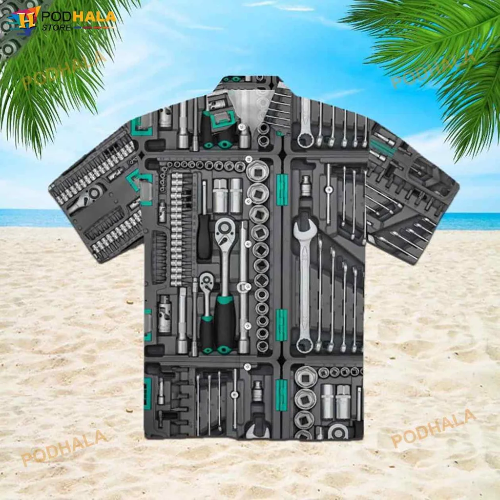 Mechanic Tools Pattern Hawaiian Shirt With Vibrant Graphic Design