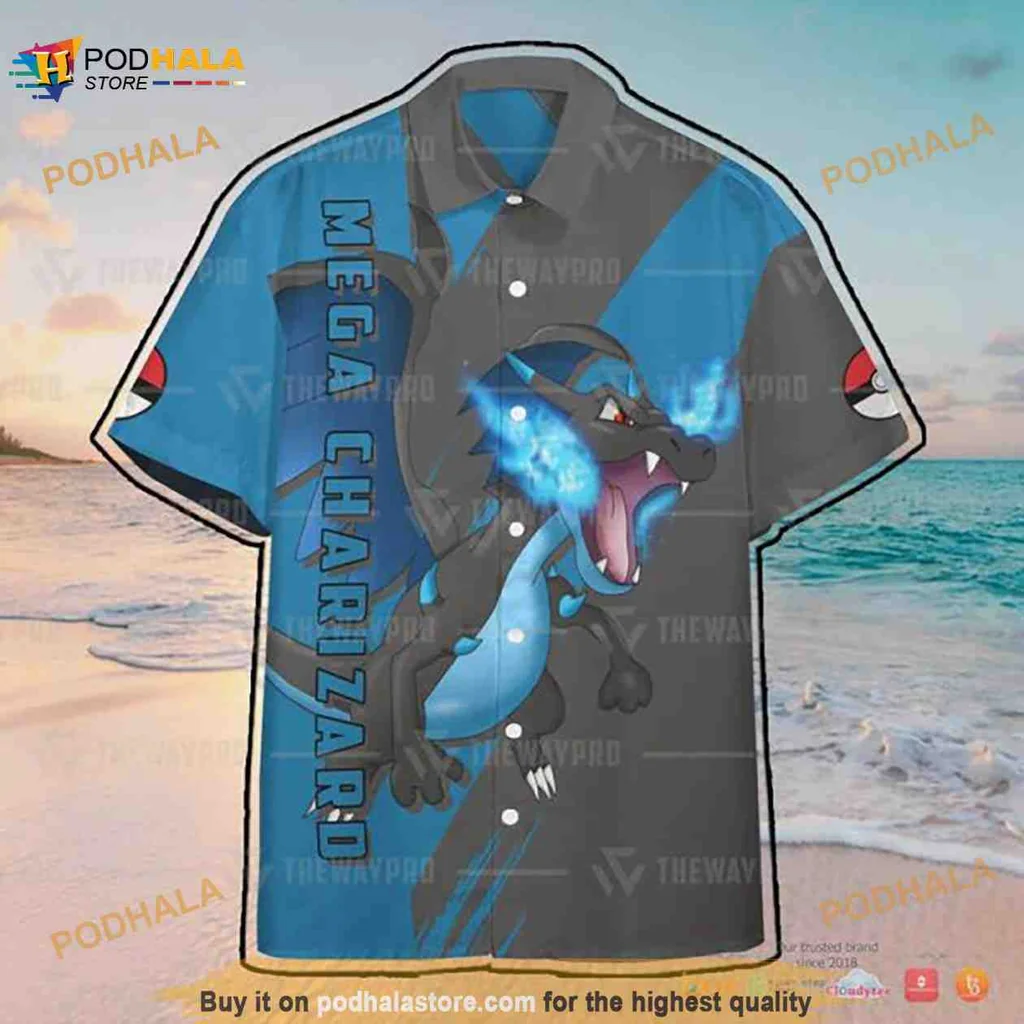 Mega Charizard Aloha Shirt With Blue Flames And Bold Graphic
