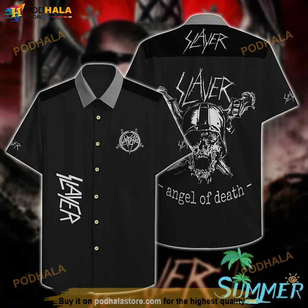 Metal Fan Skull Hawaiian Shirt, Slayer Angel Of Death Graphic Design Shirt