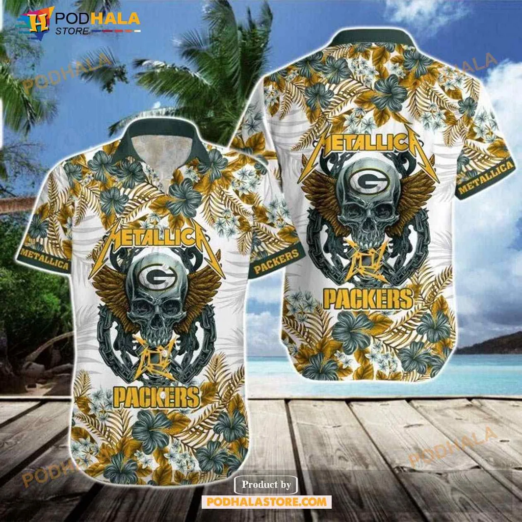 Metallica Green Bay Packers Hawaiian Shirt With Skull And Floral Design