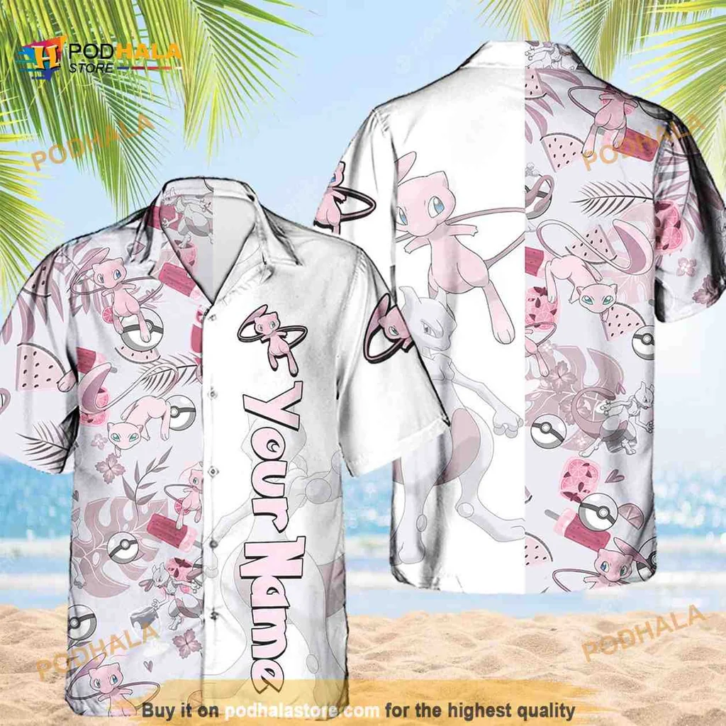 Mewtwo Pokemon Aloha Shirt With Personalized Name And Tropical Design
