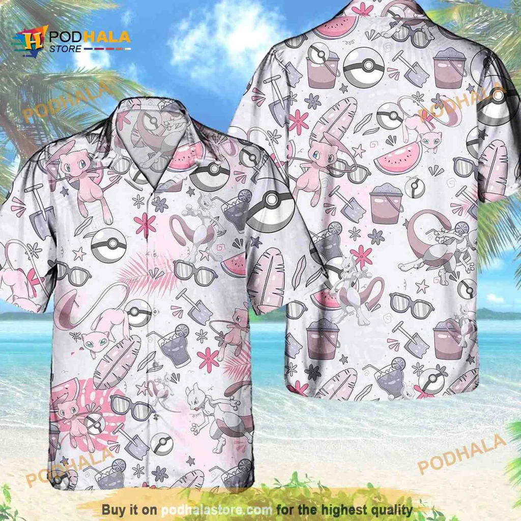 Mewtwo Pokemon Aloha Shirt With Tropical Motifs And Cartoon Style
