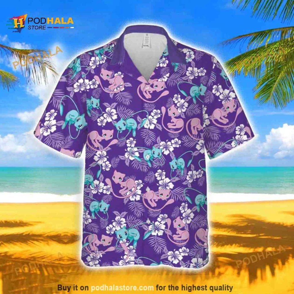 Mewtwo Pokemon Tropical Aloha Shirt, Vibrant Beach Design With Mew
