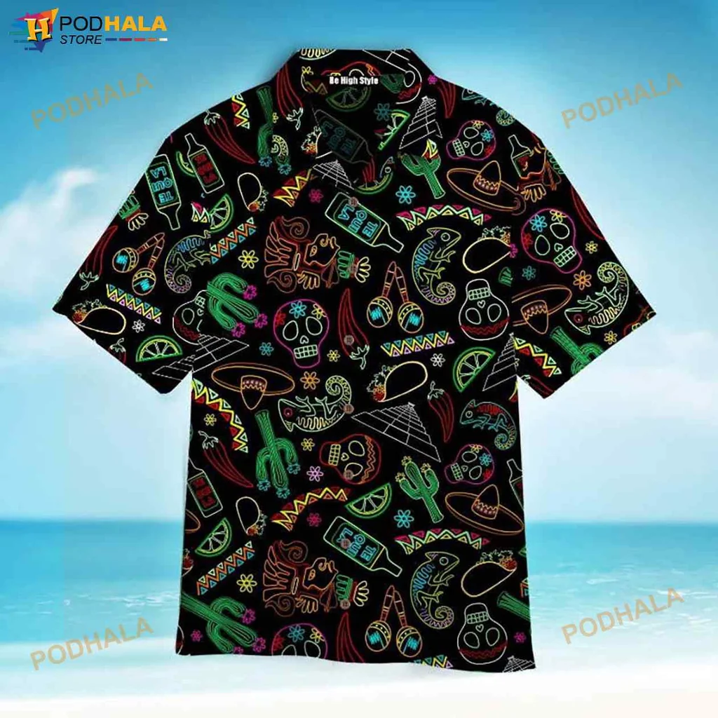 Mexican Fiesta Neon Hawaiian Shirt With Skulls And Cacti For Celebrations