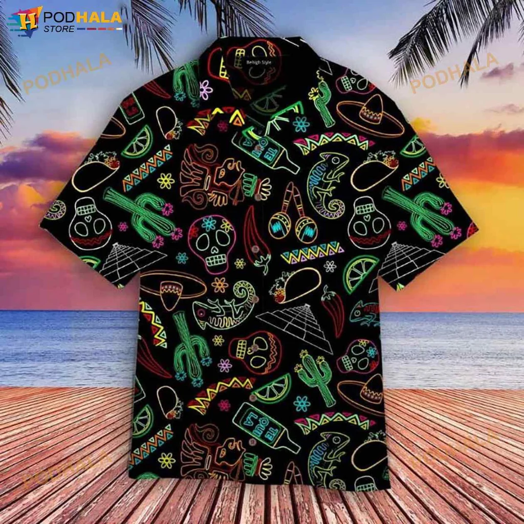 Mexican Fiesta Neon Hawaiian Shirt With Sombreros And Cacti