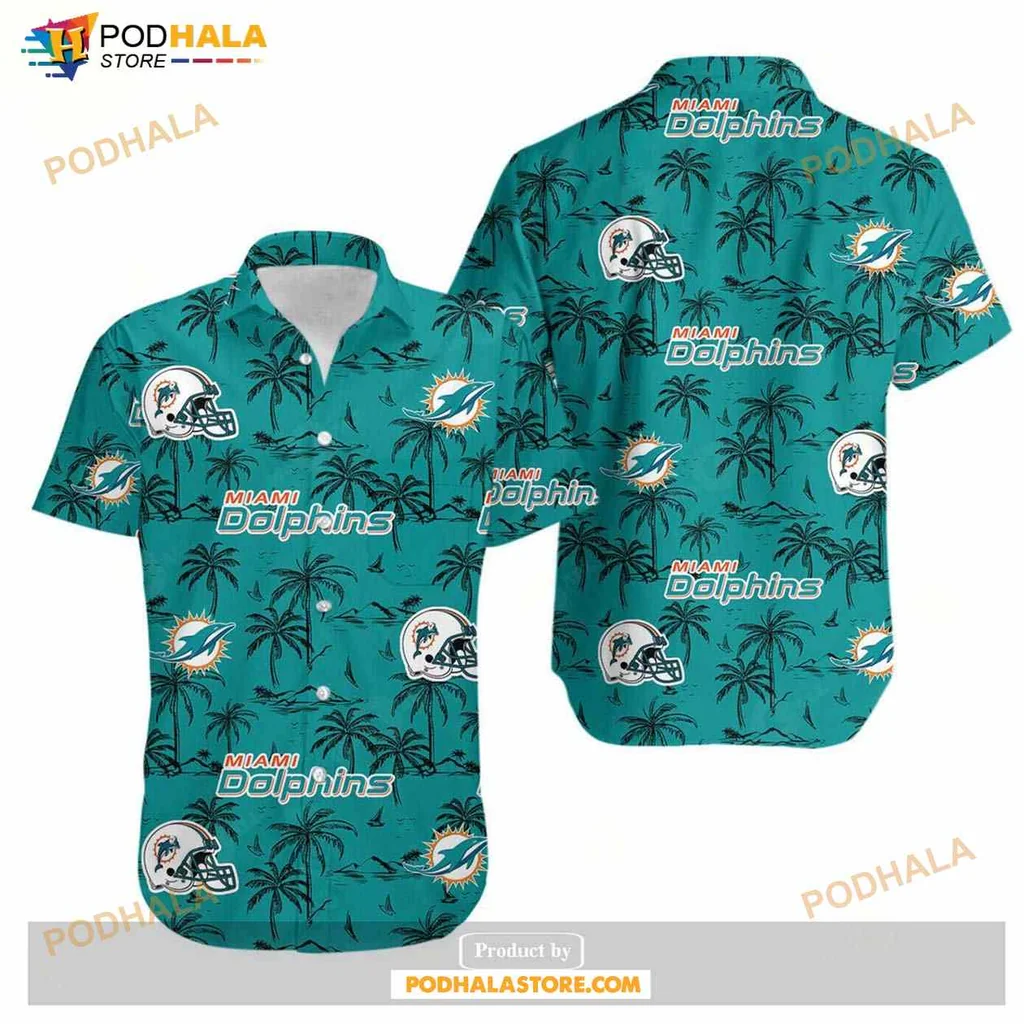 Miami Dolphins Aloha Shirt With Palm Trees And Bold Logo
