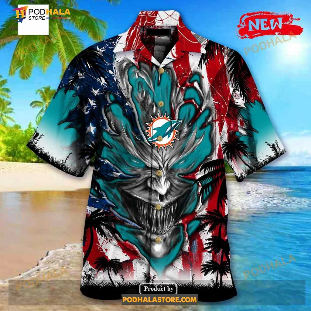 Miami Dolphins Demon Face Hawaiian Shirt With Us Flag Design