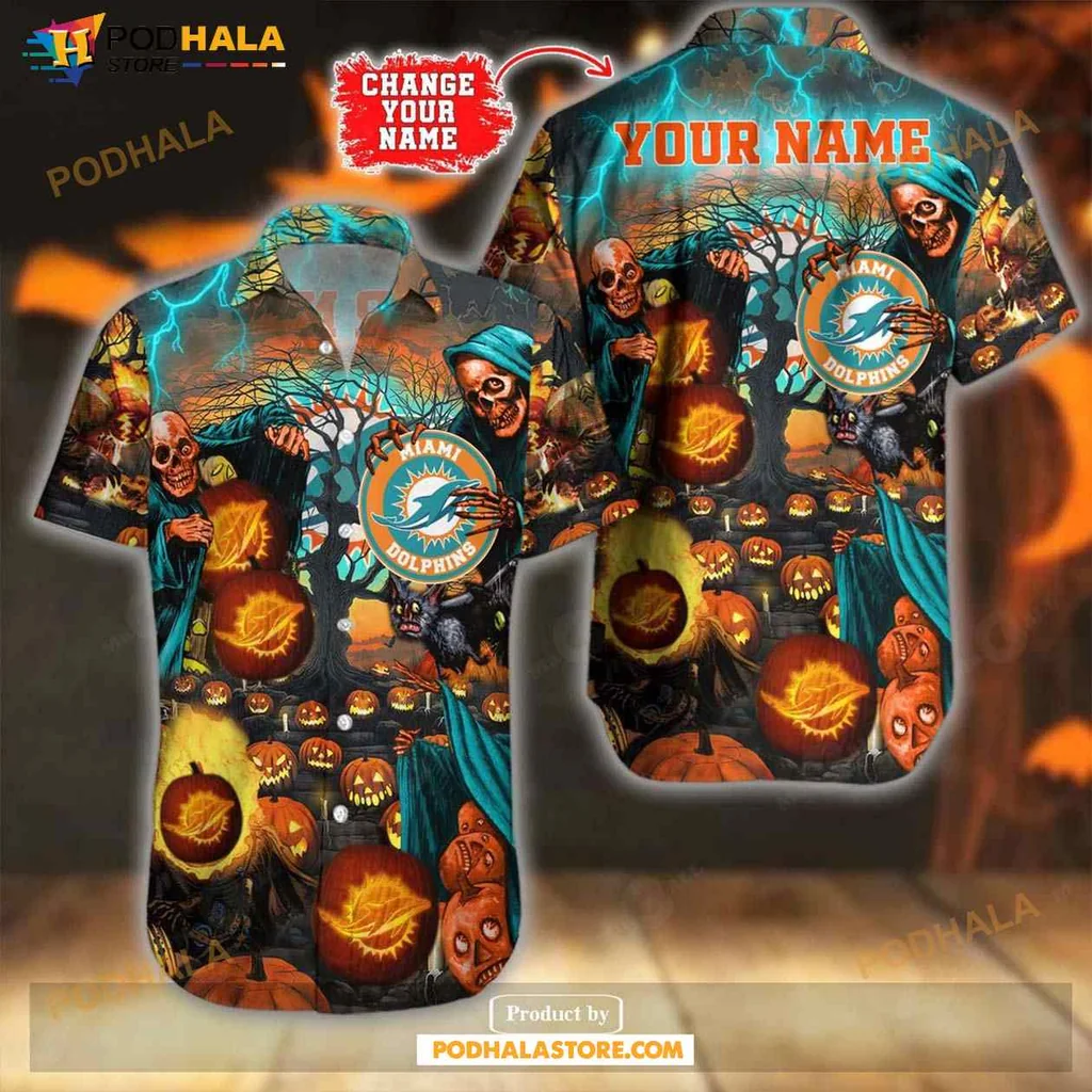 Miami Dolphins Halloween Hawaiian Shirt With Skeleton Design