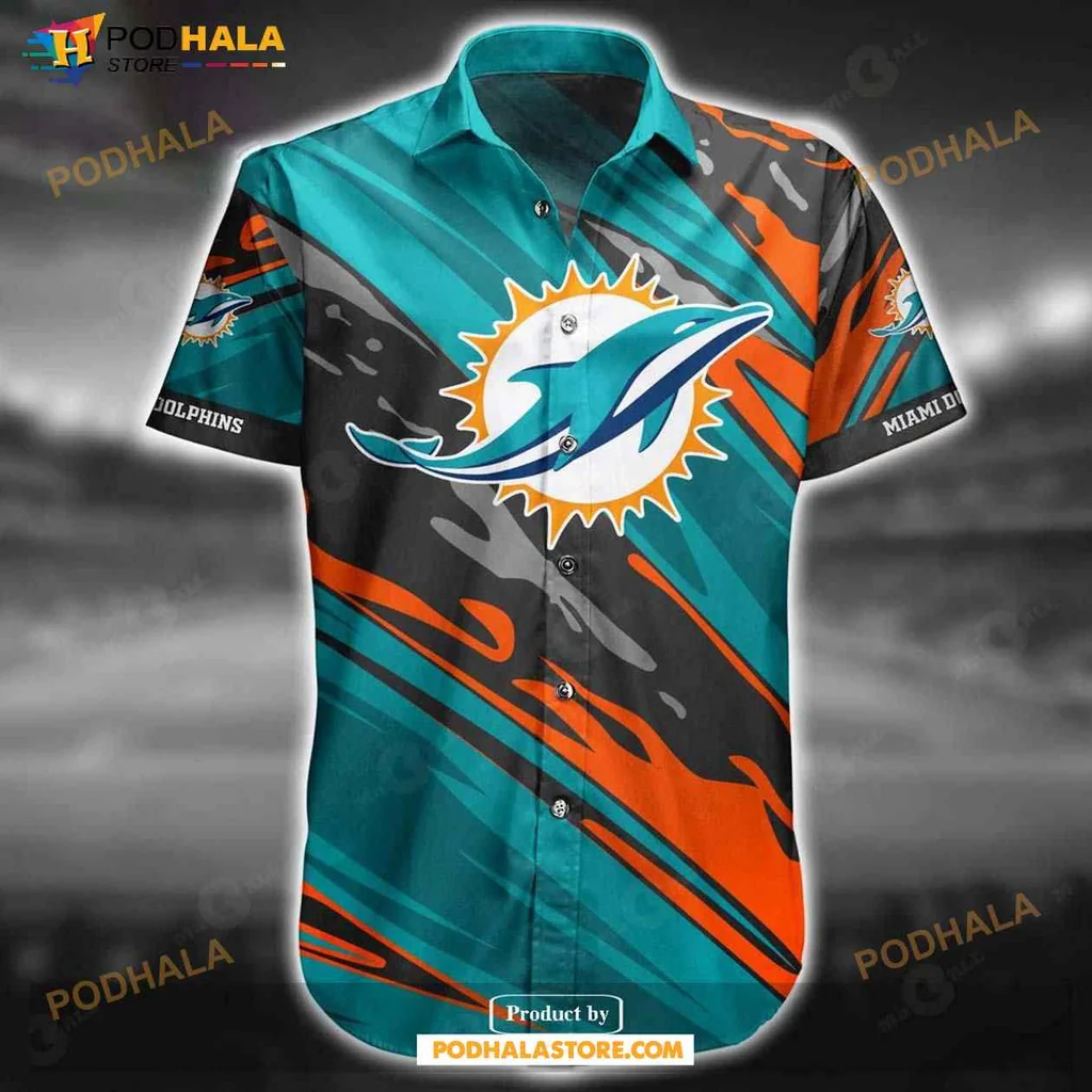 Miami Dolphins Logo Hawaiian Shirt With Vibrant Teal And Orange Design