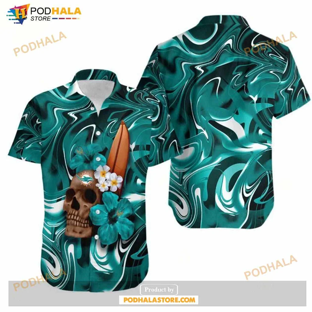 Miami Dolphins Skull Hawaiian Shirt With Hibiscus Flowers And Surfboard