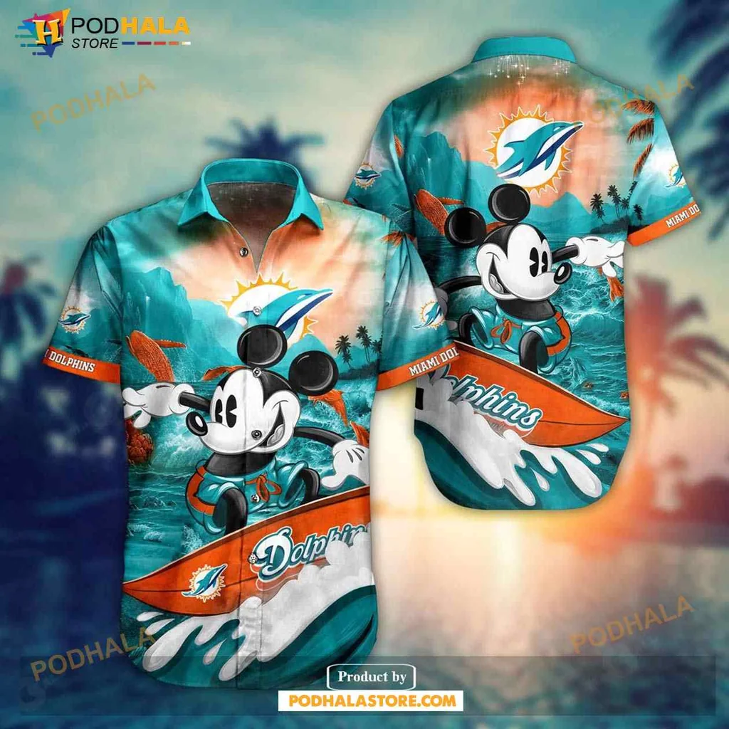 Miami Dolphins Surfing Hawaiian Shirt With Cartoon Character Design