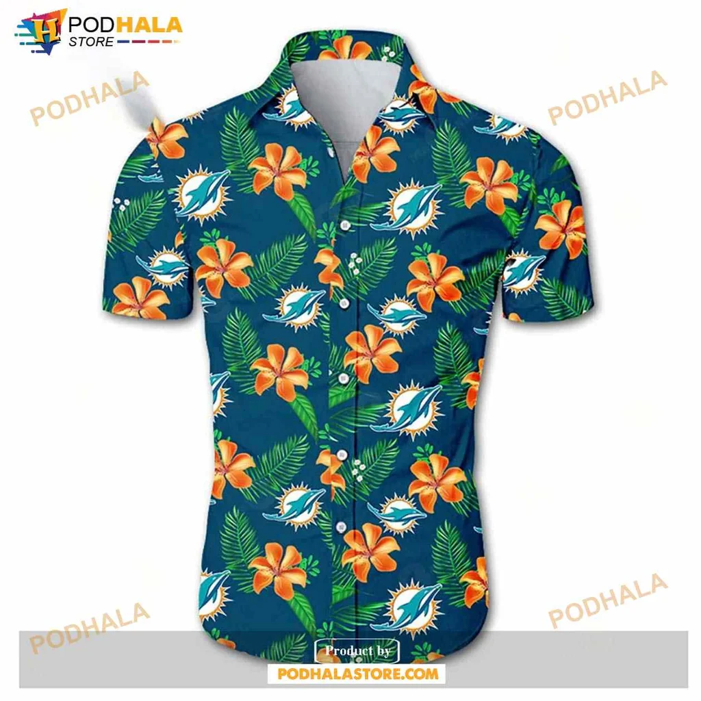 Miami Dolphins Tropical Hawaiian Shirt With Hibiscus Flowers And Palm Leaves