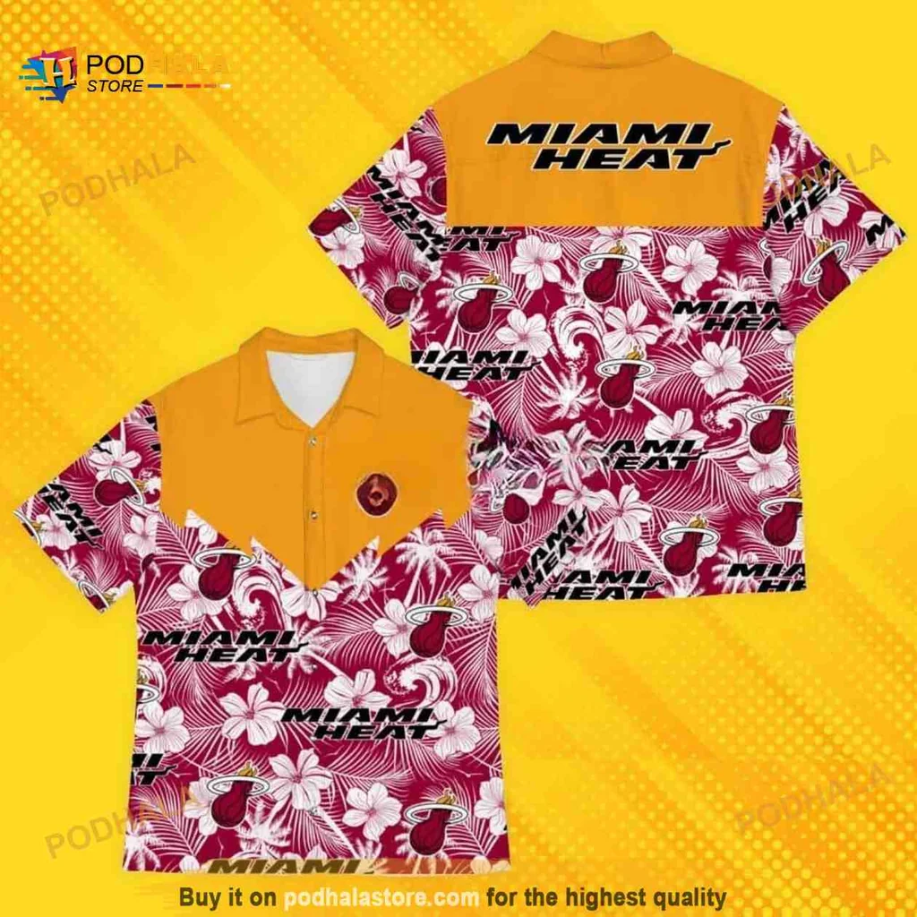 Miami Heat Aloha Shirt Featuring Vibrant Hibiscus Flowers And Palm Leaves